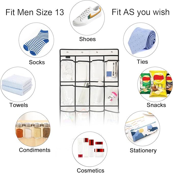 Extra Large Hanging Crystal Clear Over Door Shoe Organizers, Closet Shoe Organizer Shoe Rack Organizer Shoe Storage, 12+6Pockets, 4Hooks, white (59"x 21.6")