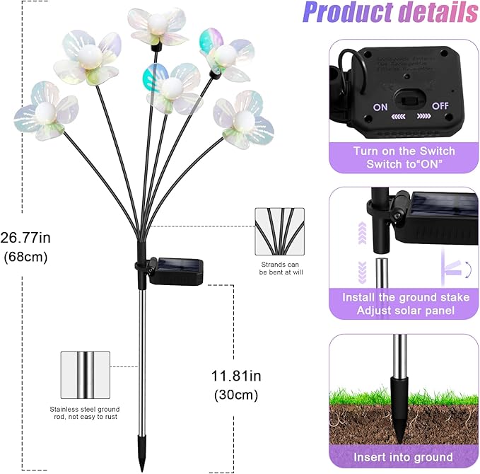 Solar Garden Lights Outdoor, New Upgraded 4-Pack Firefly Solar Lights with Iridescent Petals & Warm White Glow - Waterproof Wind-Swaying Decor for Yard, Patio