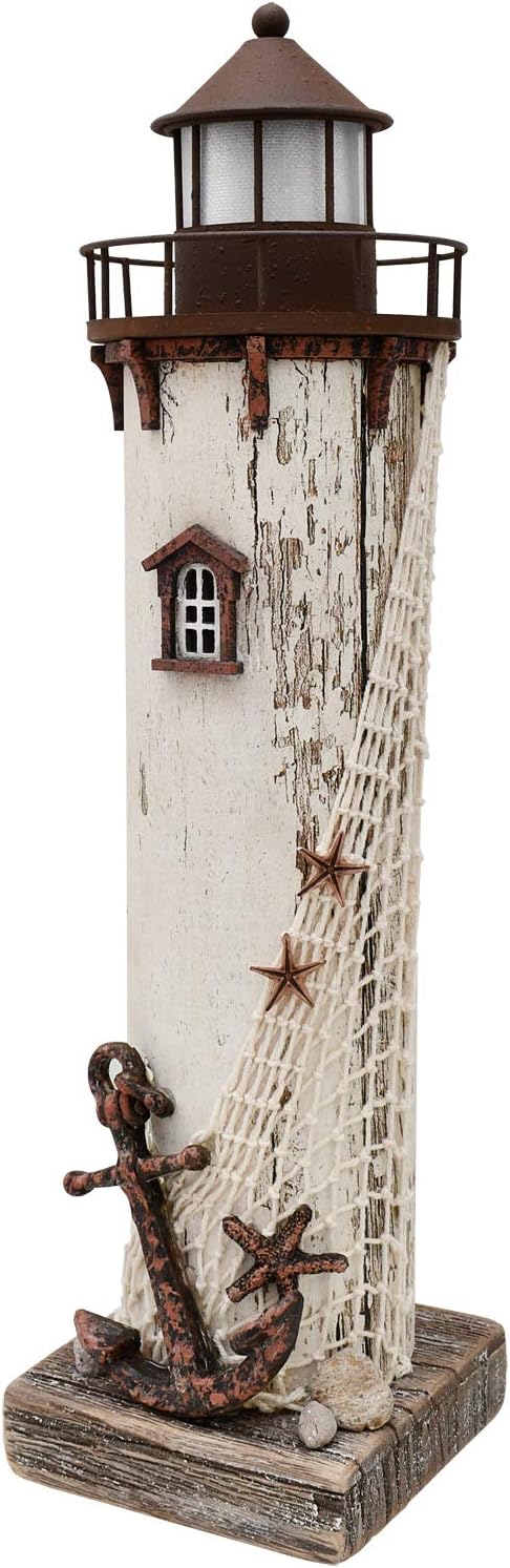 Linfevisi Wood Lighthouse Decor Rustic LED Light House Decor Wooden Decorative Nautical Lighthouse Statue Coastal Beach Themed Lighthouse Handcrafted Tabletop Decoration Home Bathroom (14.75")