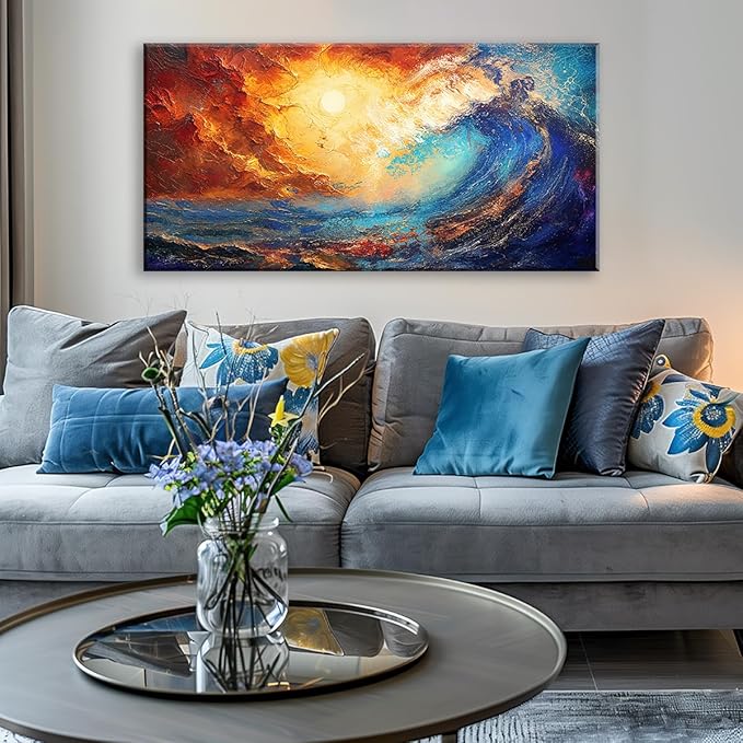 LASMOND Abstract Ocean Wall Art for Living Room Beautiful Blue Sea Wave Seawater Colorful Sky Landscape Wall Art Decor Artwork Bedroom Office (40 x 20 Inches)