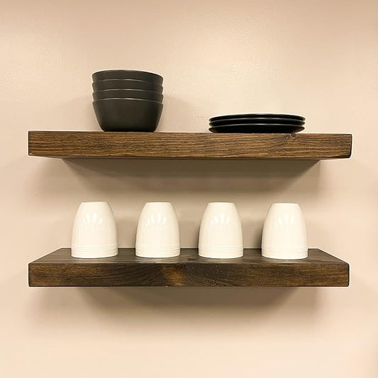 URBANDI, Rustic Floating Shelves, Set of 2, Hidden Bracket, Solid Wood, Heavy Duty, Wall Mounted Shelves, (Dark Brown, 12Wx6D)