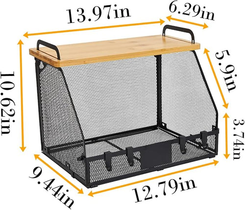 1 SET Large fruit basket for kitchen counter-stackable basket with Bamboo Tops & Tag,hanging wall baske,for Cabinet Shelf Countertop pantry storaget, onion potato Vegs Bread Food Organizing Bin,BLACK