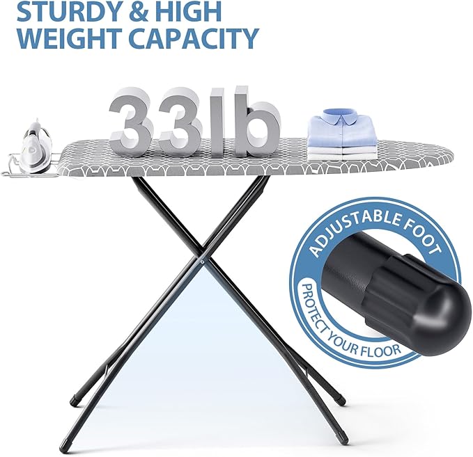 KINGBOARD Ironing Board, Foldable Iron Board with Iron Rest, Compact Ironing Board with Height Adjustable, Extra Thick Heat-Resistant Cover, Heavy-Duty Sturdy Metal Legs, 43x13 Grey