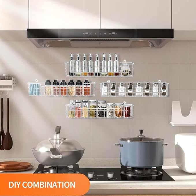 Spice Rack Wall Mount, 4-Pack Seasoning Organizer for Kitchen Storage Organization, Spice Holder Shelf Saving Space for Cabinet, RV, Pantry, Silver