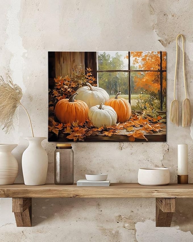 Vintage Pumpkin Window Fall Wall Art Decor, Farmhouse Barn Canvas Print with Autumn Harvest Theme, Framed Thanksgiving Decorations for Country Home, Ready to Hang