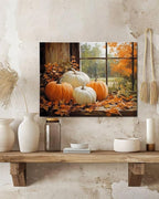 Vintage Pumpkin Window Fall Wall Art Decor, Farmhouse Barn Canvas Print with Autumn Harvest Theme, Framed Thanksgiving Decorations for Country Home, Ready to Hang