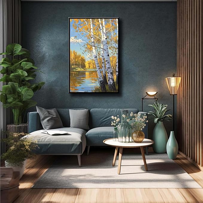 Poplar trees beside the blue sky and white clouds are suitable for living rooms bedrooms and offices Landscape posters and wall paintings