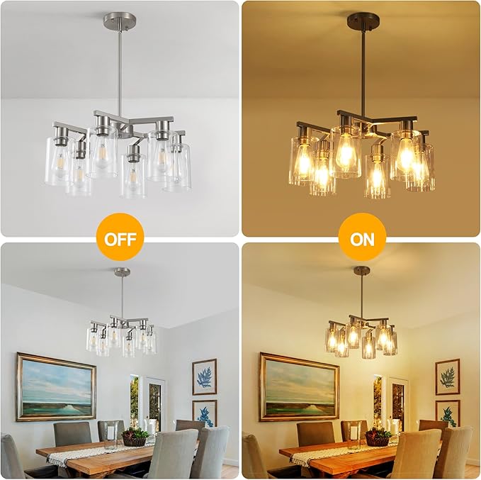 6-Light Farmhouse Brushed Nickel Chandelier,Modern Chandeliers for Dining Room Light Fixture Over Table,Adjustable Hanging Industrial Rustic Pendant Lights Kitchen Island Light with Clear Glass Shade