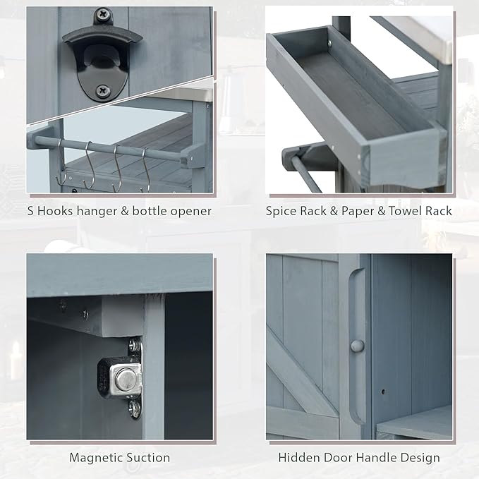 Outdoor Kitchen Island, Rolling Bar Cart & Storage Cabinet, Farmhouse Solid Wood Outdoor Grill Table with Stainless Steel Top, Spice Rack, Towel Rack for Kitchen & BBQ, Grey Blue