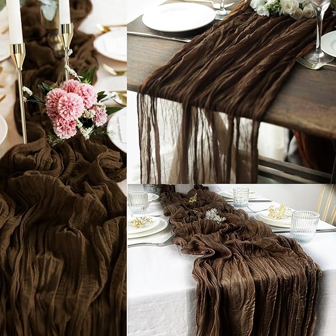 10FT 12 Pack Brown Cheesecloth Table Runner 20 x 120 Inch Long Boho Fabric Rustic Cheese Cloth Table Runner for Wedding Bridal Shower Baby Shower Gauze Sheer Birthday Party Table Decorations