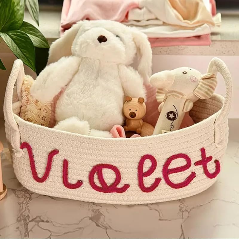 Personalized Baby Name Basket, Custom Woven Baby Shower Gift Basket with Cotton Rope Handle Baby Diaper Nursery Shelf Storage Basket Bin for Kids' Bedroom (Style 3)