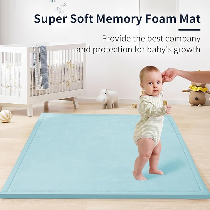 ACOMOPACK Baby Play Mat for Floor 1.3" Thick Memory Foam Play Mat 79"×118" Tummy Time Crawling with Non-Slip Bottom for Living Room,Nursery,Soft Velvet Playpen Mats for Kids,Infants（Light Blue）