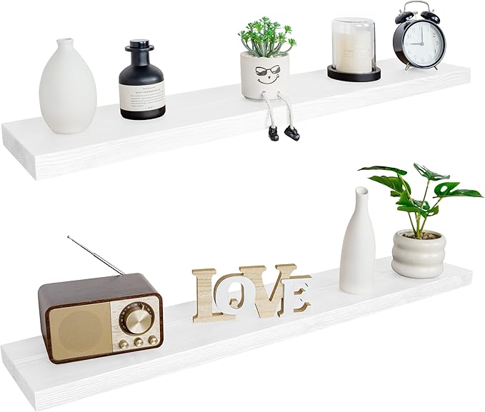 BGMG Floating Shelves for Wall 48 inch Long,Rustic Solid Wooden Deep Wall Shelves for Bathroom Living Room Bedroom Kitchen Farmhouse Set of 2-48x6.7x1.25 inch- White
