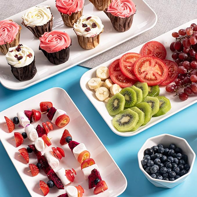 DELLING Large Serving Platter Set 16/14/12inch Large Serving Tray - Rectangular White Serving Trays for Party, Sushi, Oven Safe Dinnerware Set of 3, White
