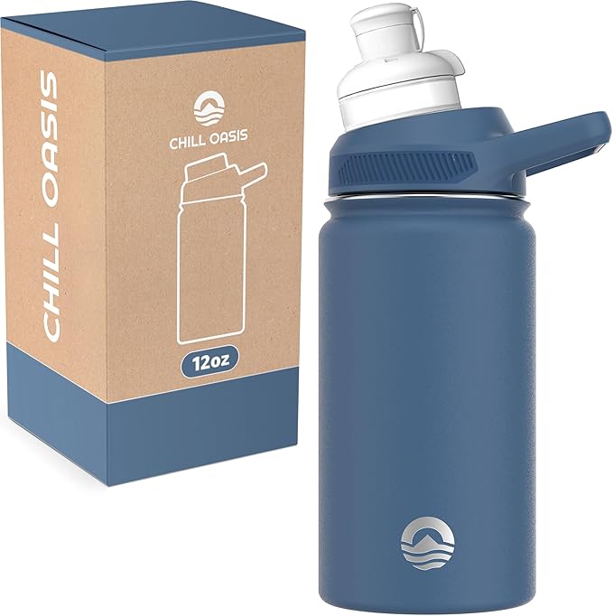 Chill Oasis Water Bottle | Compatible With Popular Flavor Cartridges | BPA Free, Leak Proof, Double-Walled Vacuum Insulated Stainless Steel, and Dishwasher Safe | Cold for 24 Hours (Navy, 12oz)