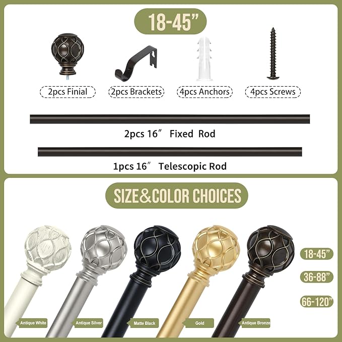 Bronze Farmhouse Curtain Rods for Windows:18-45 Inch Heavy Duty Adjustable Curtain Rod for Bedroom Living Room,Boho Decorative Rustic Drapery Rods with Vintage Coastal Finial,Antique Bronze