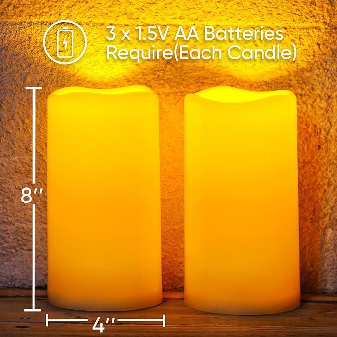 Homemory 8" x 4" Large Waterproof Outdoor Flameless Candles with Remote Control and Timer, Battery Operated Flickering LED Pillar Candles for Indoor Outdoor Lanterns, Porch, Long Lasting, Set of 2