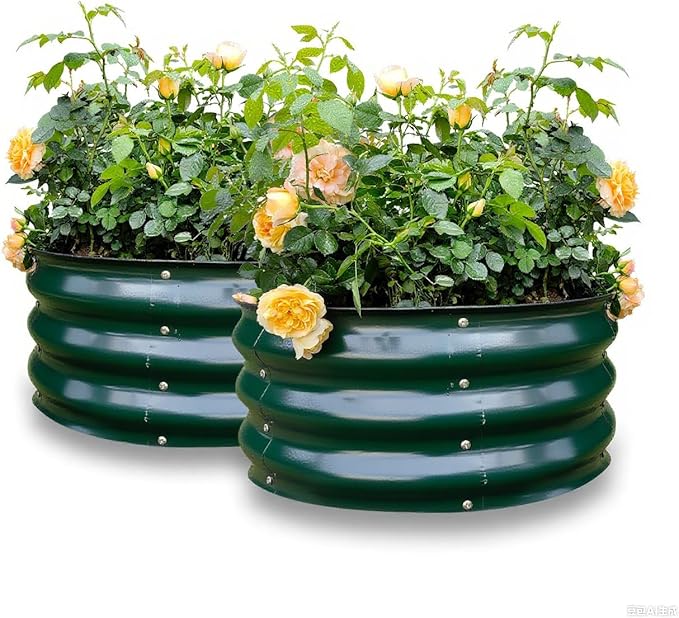GARDMAX 2 Pack 2x2x1FT Galvanized Round Raised Garden Bed Kit, Metal Planter Boxes Outdoor with Easy Assembly, Large Garden Bed for Vegetables, Fruits, Flower, Herbs Dark Green