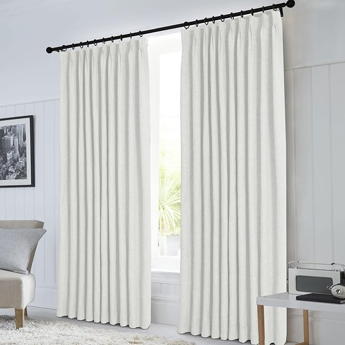 Macochico Pinch Pleated 100% Blackout Curtains Greyish White Linen Curtains for Bedroom Living Room Farmhouse Thermal Insulated Window Panels Pleated Curtains with Hooks and Tieback 52”Wx72”L 1 Panel