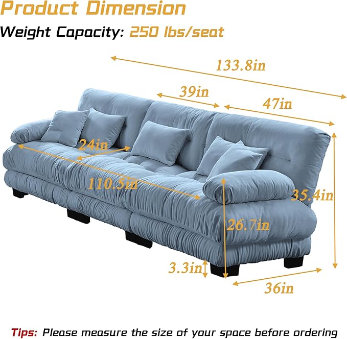 Modular Sectional Sofa, Comfy Cloud Couch 3 Seater Couch, Sectional Couches for Living Room, Modern Chenille Oversized Couches for Bedroom, Sleeper Deep Seat Sofa with Throw Pillows, Blue