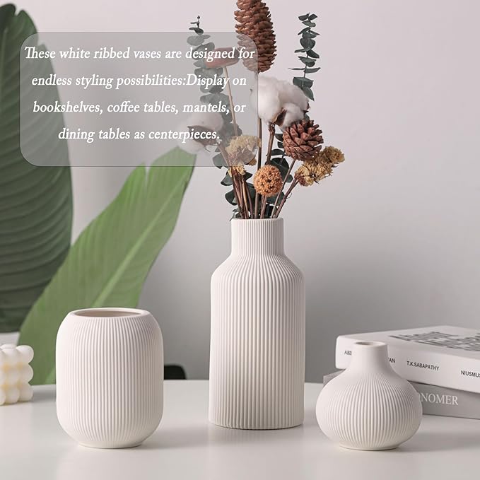 Ceramic Vase Set of 3, Decorative Vases Home Decor Modern Minimalist Pottery Vases for Bouquet Pampas Grass Dried Fresh Flowers, Bookshelf, Living Room, Shelf, Bedroom, Entryway Mantel Decor-White