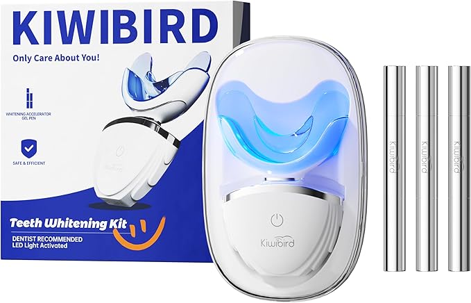 KIWIBIRD Teeth Whitening Kit for Sensitive Teeth – 3 Gel Pens, LED Light with Wireless Charging Case, IPX7 Waterproof, Enamel-Safe at-Home Dental Care Tool