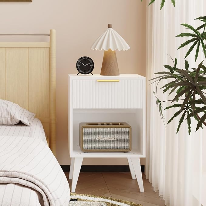 Fluted Night Stand with Opening Storage,Mid Century Bedside Table with Drawer,Modern Nightstand with Solid Wood Legs,End Table Side Table for Living Room,Bedroom,White CTG56W