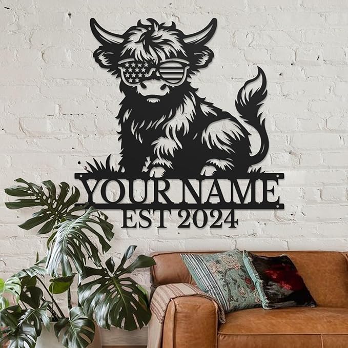 Personalized Highland Cow Name metal Signs,Custom Highland Cow Metal Shed Wall Decor,Black Metal Wall Art Plaques Outdoor wall Decorative Signage (Style C)