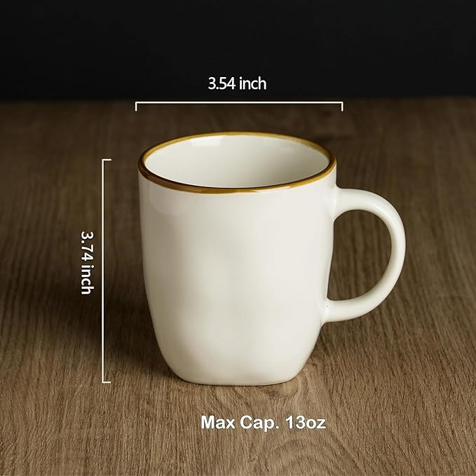 famiware Coffee Mugs Set of 4, Ocean Square 13oz Coffee Cup Set with Handle for Cocoa, Milk, Hot Chocolate, Tea, Water, Stoneware Cups for Kitchen, Microwave and Dishwasher Safe, Vanilla White