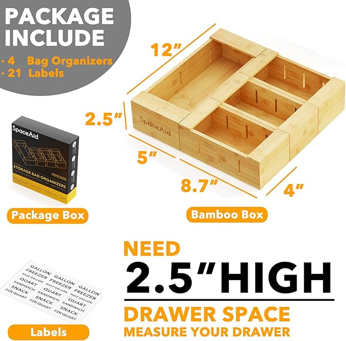 SpaceAid Bag Storage Organizer for Kitchen Drawer, Bamboo Organizer, Compatible with Gallon, Quart, Sandwich and Snack Variety Size Bag (4 Pack), 2.5" High