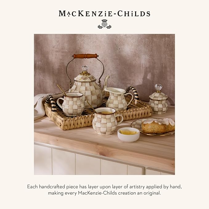 MACKENZIE-CHILDS Enamel Herb Pots, Small Plant Pots for Herbs or Flowers, Set of 3, Brown-and-White Mocha Check