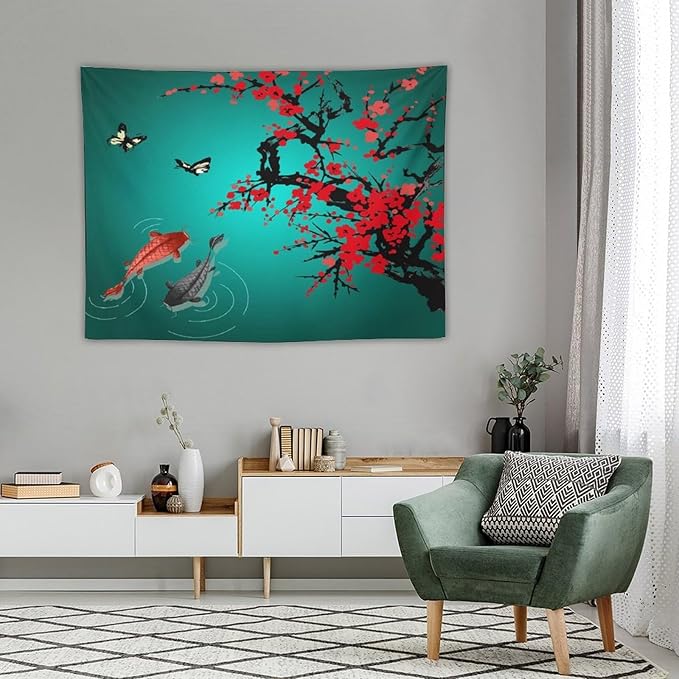 Japanese Koi Fish Tapestry, Cherry Blossoms Asian Oriental Green Teal Floral Branch Koi Fish Carp Tapestries Wall Hanging for Bedroom Living Room Office Decor 40"x30"