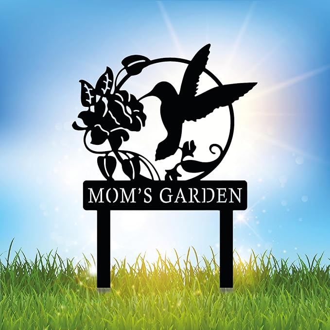 Personalized Metal Sign with Stake, Custom Hummingbird Garden Sign for Outdoor, Patio, Farmhouse Decoration, Lawn Yard Art, Bird Flower Garden Decor