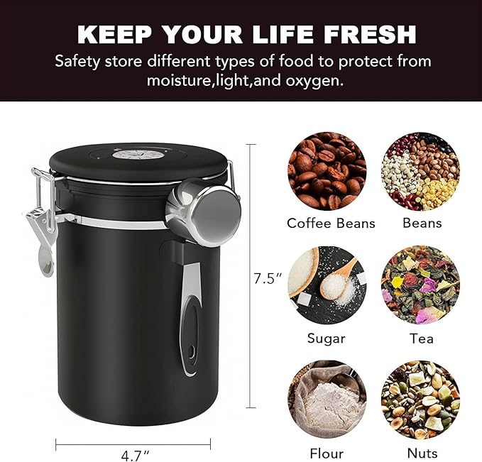 ShanSon Coffee Canister Airtight Coffee Container Stainless Steel Coffee Bean Storage Container with Scoop Coffee Canister for Beans Grounds Sugar Flour Tea Cereal,22OZ, Black