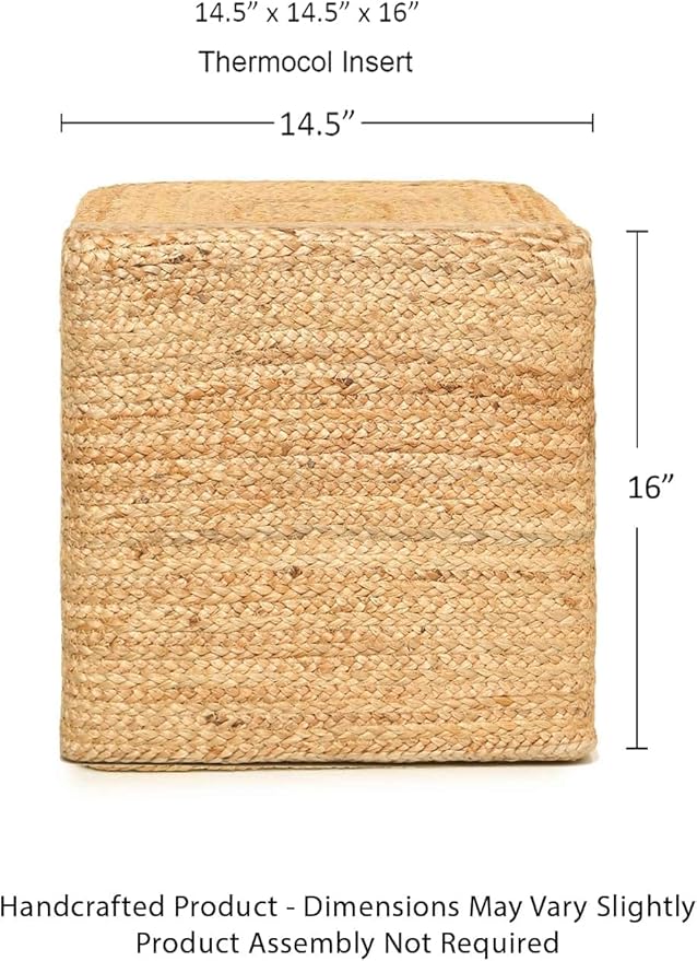 REDEARTH · Cube Pouf Foot Stool Ottoman - Jute Braided Pouffe Poof Accent Sitting - Set of 2 Footrest for The Living Room, Bedroom, Nursery, Patio, Lounge, Office - 14.5”x14.5”x16” - Natural
