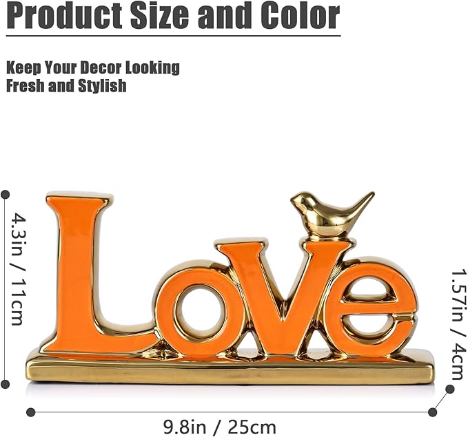 Love Sign Decoration,Orange and Gold Love Signs for Home Decor,Gold Bird Sculpture Personalized Love Decor,Gold Style Figurine Decorative Ornaments for Living Room,Bedroom,Cabinets (Love, Orange)