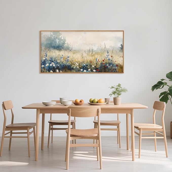 Nature Wildflower Framed Canvas Wall Art Set, Pastoral Landscape Wall Decor, Colorful Meadow Wall Painting, Rustic Floral Art Print for Living Room, Bedroom, Office - 20"X40"