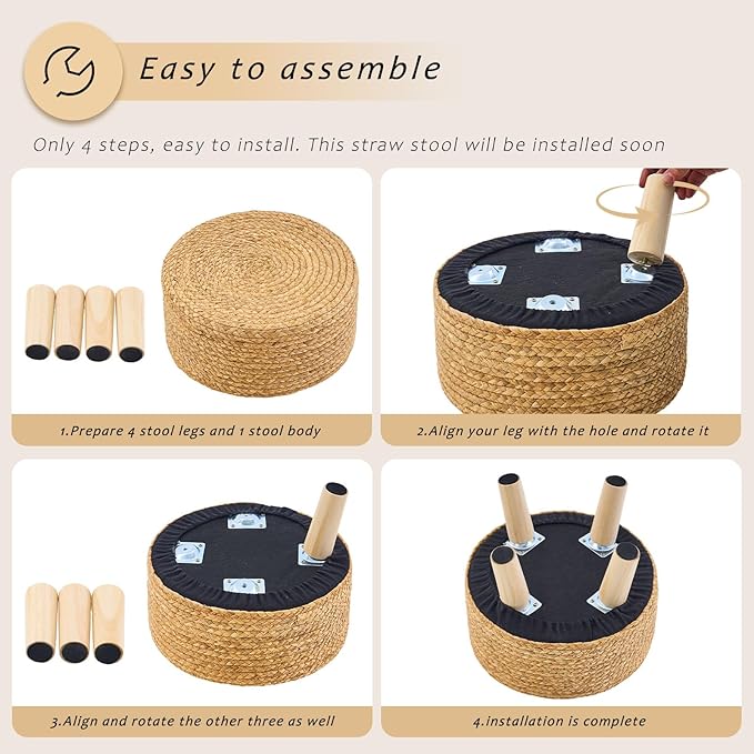 Handwoven Round Ottoman, Natural Water Hyacinth Outdoor Patio Pouf Seagrass Low Stool with Wood Legs, Soft Padded Footrest for Living Room Bedroom Garden, Blue