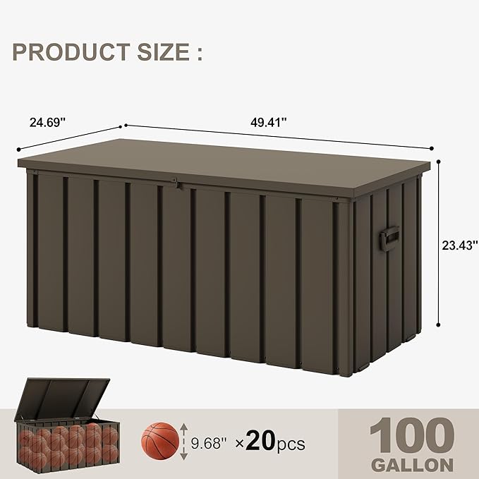 PURPLE LEAF Outdoor Deck Box 100 Gallon Waterproof Lockable Storage Box Container with Lid Deck Organization for Patio Cushions Side Table Pool Accessories Garden Tools, Brown