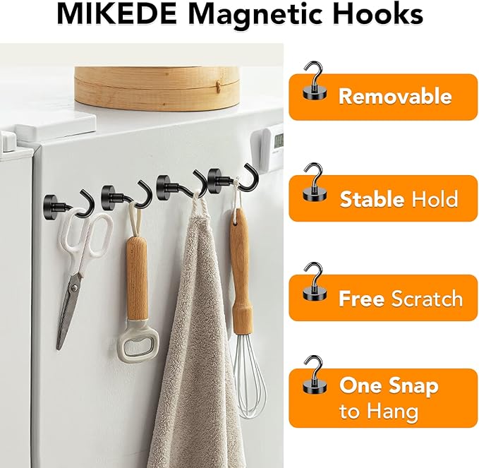 MIKEDE Magnetic Hooks, 40Lbs Strong Neodymium Black Magnet Hook for Hanging, Heavy Duty Magnetic Hooks Classroom Must Have, Magnet with Hooks for Home, Kitchen, Workplace, School - Pack of 10