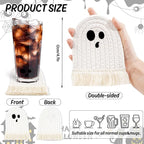 Whaline Halloween Ghost Cotton Coasters Cute White Ghost Shape Handmade Braided Drink Coasters Absorbent Cup Mats for Trick or Treat Party Home Table Decor, Set of 4