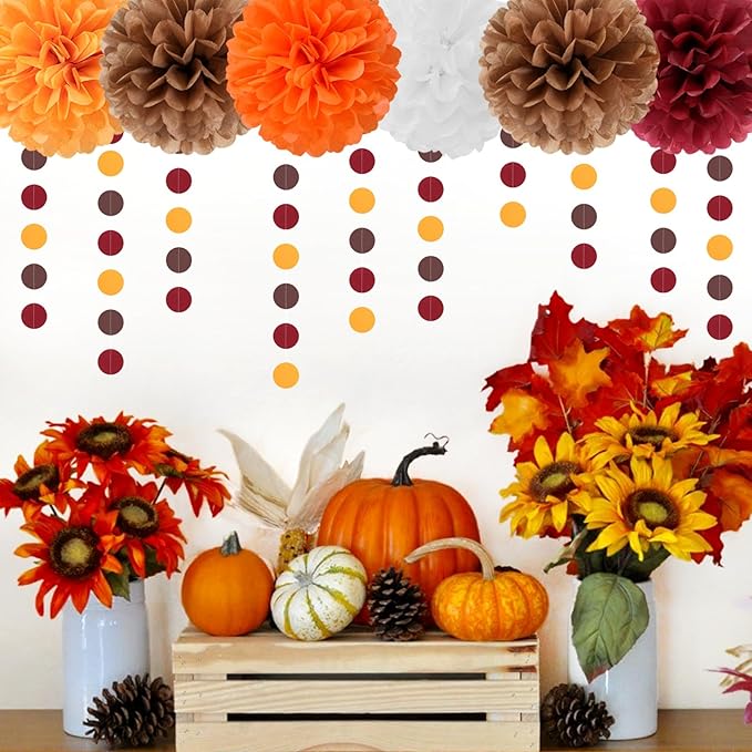 Brown Burgundy-Orange Party-Decorations Paper-Flowers Lanterns - 15PCS Fall Boho Tissue Pom Poms Streamers,Baby Bridal Shower Rustic Wedding Neutral Birthday Coffee Halloween ThanksgivingDecor Hugfond