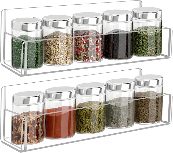 Acrylic Spice Rack Wall Mount-9 Inch, Clear Spice Shelf Storage Holder, 2 Pack Hanging Seasoning Rack Organizer for Cabinet Door, Cupboard or Wall Kitchen (Adhesive or Screw)