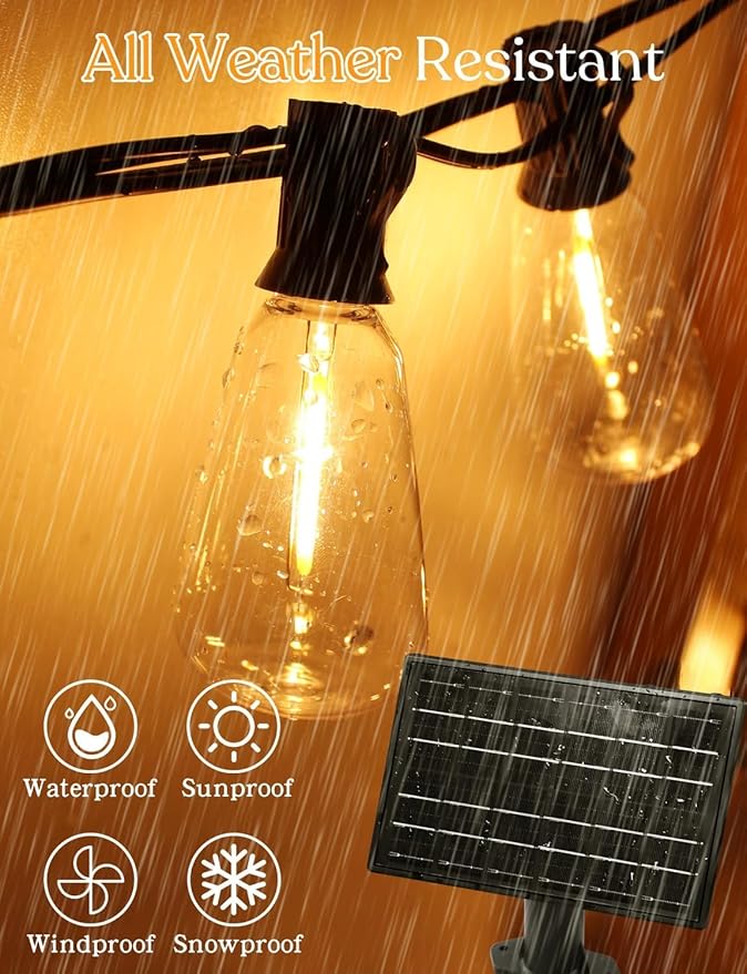 100 FT Solar String Lights Outdoor Waterproof with Remote & USB Port, Solar Power Patio Hanging Lights with Dimmer, Shatterproof LED Edison Bulb Outdoor String Lights for Outside Cafe Yard Fence