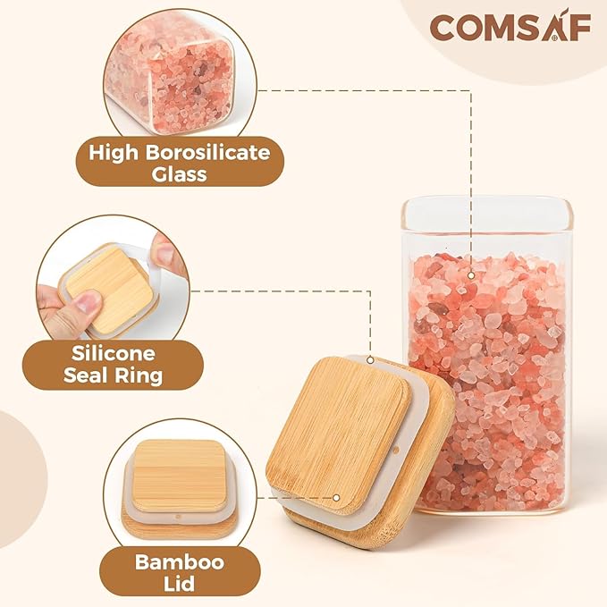 ComSaf Spice Jars with Labels 8 oz 16Pack, Small Spice Containers Starter Set, Glass Seasoning Jars with Lids, Square Seasoning Containers for Salt, Pepper, Chili Powder, Sugar, Loose Tea Storage