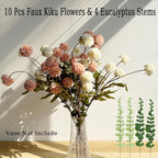Faux White & Pink Kiku Flower, 10 Stems with 5 Heads Each & 4 Branches Eucalyptus Stems, Artificial Small Mini Chrysanthemum Flowers for Aesthetic Room Decor, Floral Arrangements Centerpiece
