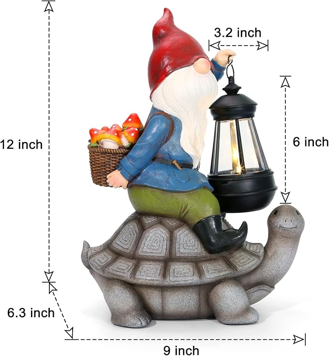 Gnome and Turtle Garden Decor, Large Outdoor Garden Sculptures & Statues, Outside Patio Yard Lawn Decorations, Housewarming for Women, Mom, Grandma with Solar Lantern