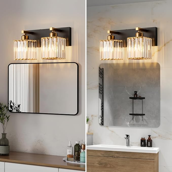 Modern Bathroom Vanity Light 2-Lights Black Gold Crystal Bathroom Wall Light Vanity Light Fixtures，12.59-inch Modern Minimalist Design