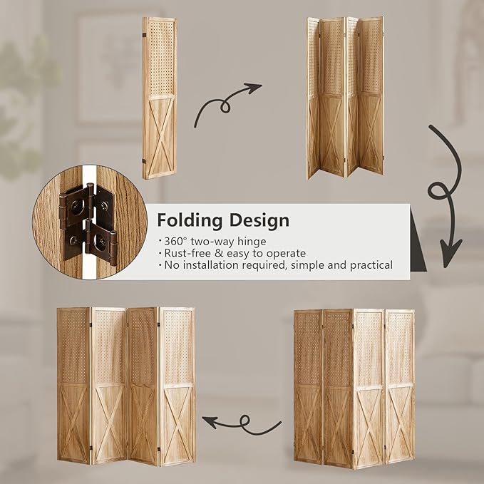 4 Panel Pegboard Wood Room Divider, 5.6Ft Pegboard Display Folding Privacy Screens, Peg Board Display Freestanding for Trade Show Craft Show Home Wall Organizer, Light Brown