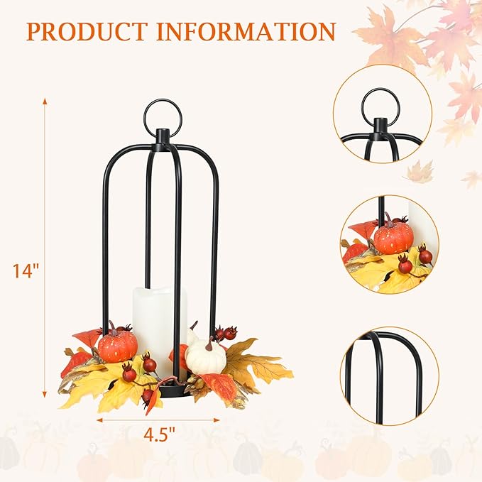Fall Decor Lanterns Outdoor, 14" Waterproof Decorative Lantern Indoor Decor Metal Hanging Candle Holder LED Flameless Candle Lantern for Patio, Porch, 2 Packs